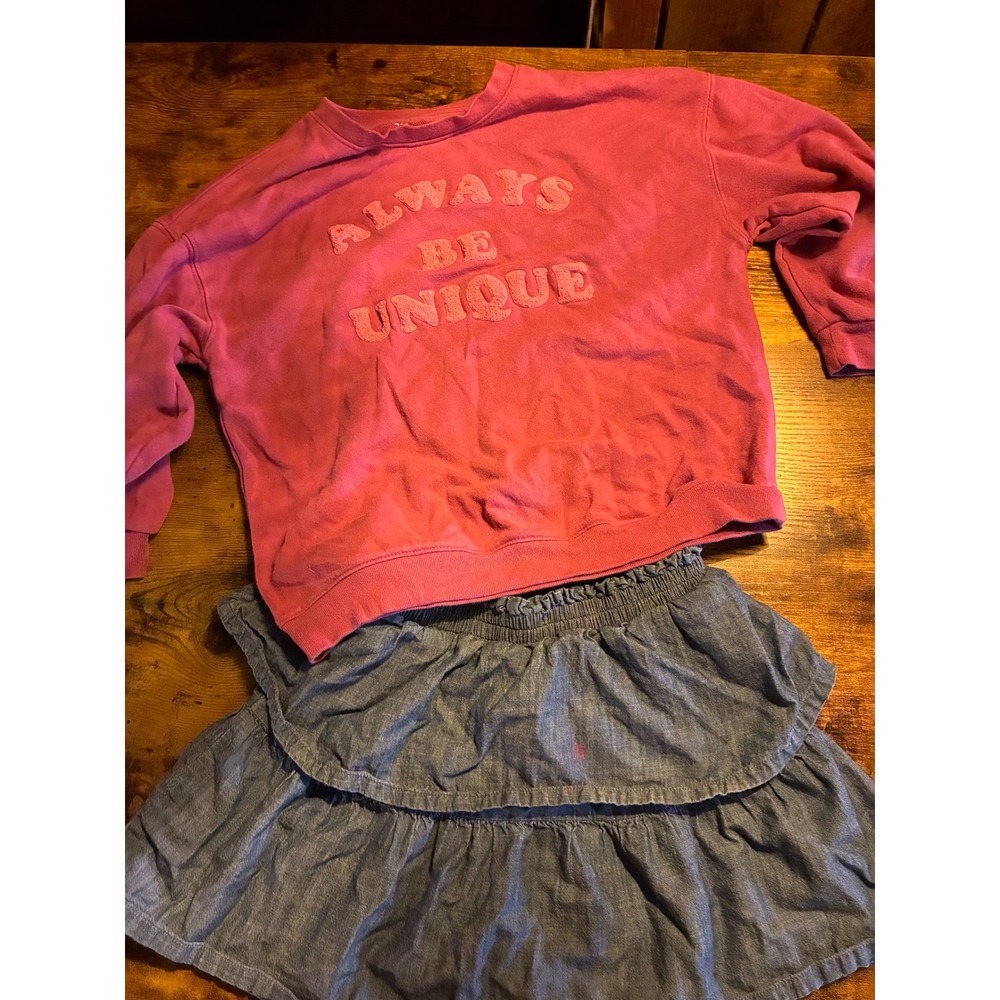 365 Kids Jumping Beans Sweatshirt Skirt Set Girls 8 Pink Blue Excellent Ruffle